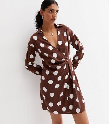Brown Spot Collared Long Sleeve Mini Wrap Dress New Look