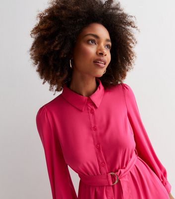 Bright Pink Belted Long Sleeve Midi Shirt Dress