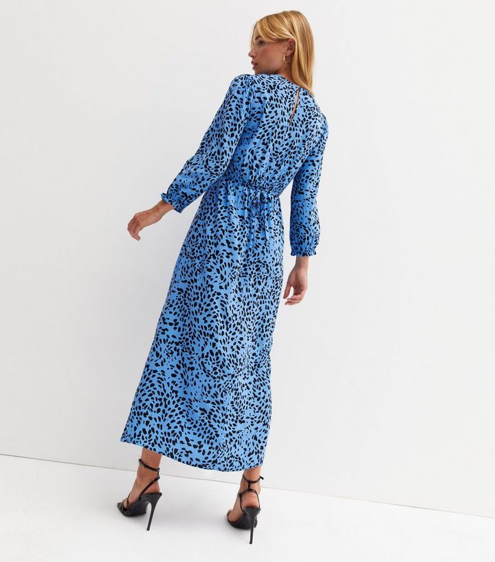 Blue Animal Print Puff Sleeve Midi Wrap Dress | New Look