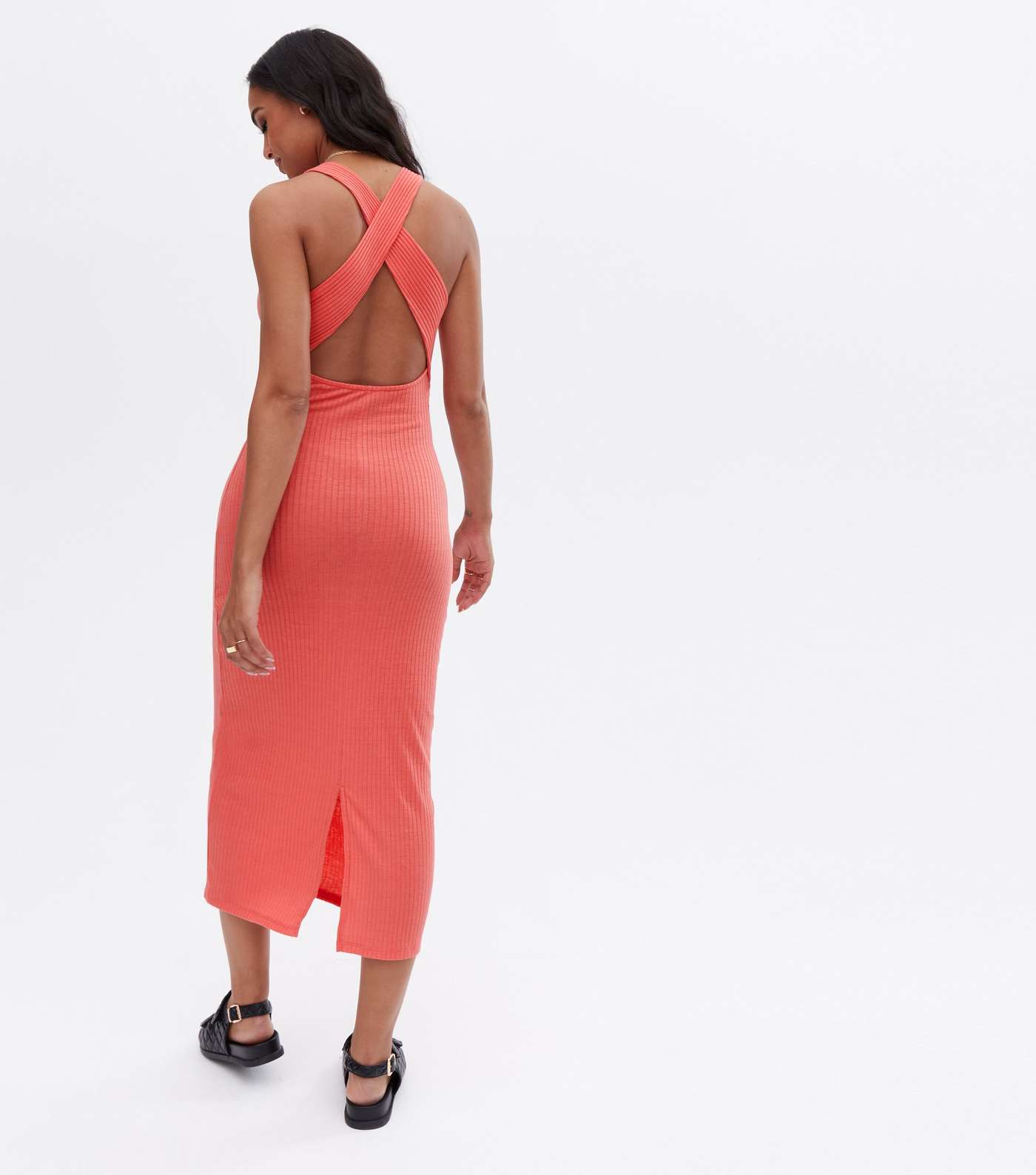 Mid Pink Ribbed Cross Back Midaxi Bodycon Dress Image 4
