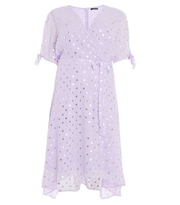 shop for QUIZ Curves Lilac Metallic Spot Midi Wrap Dress New Look at Shopo