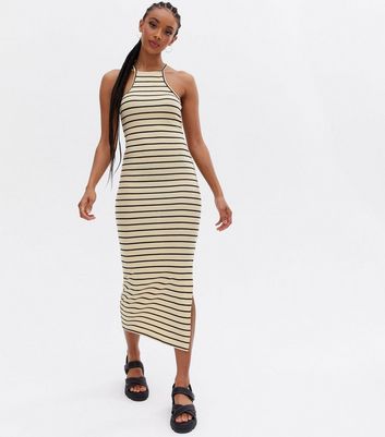 Brown Stripe Halter Neck Midi Dress New Look