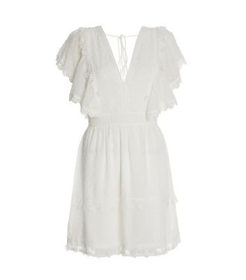 QUIZ White Lace Frill Mini Skater Dress New Look