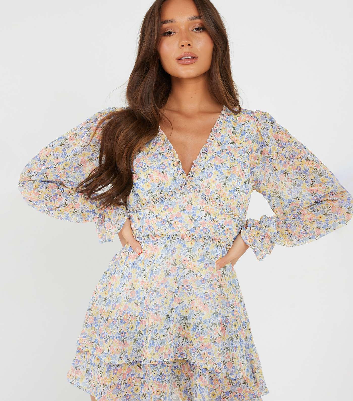 QUIZ White Ditsy Floral Print Tiered Frill Playsuit