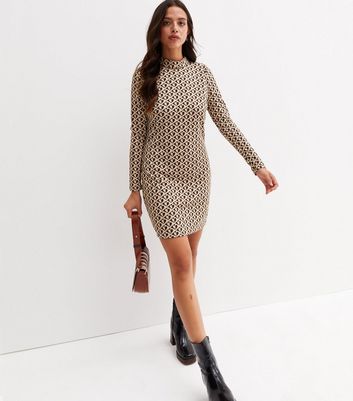 Brown Geometric Heart Jacquard High Neck Long Sleeve Mini Dress