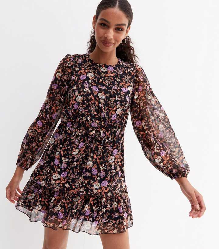 Black Floral Chiffon Long Puff Sleeve Tiered Hem Mini Dress