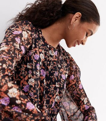 Black Floral Chiffon Long Puff Sleeve Tiered Hem Mini Dress | New Look