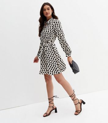 Black Geometric Belted Mini Shirt Dress