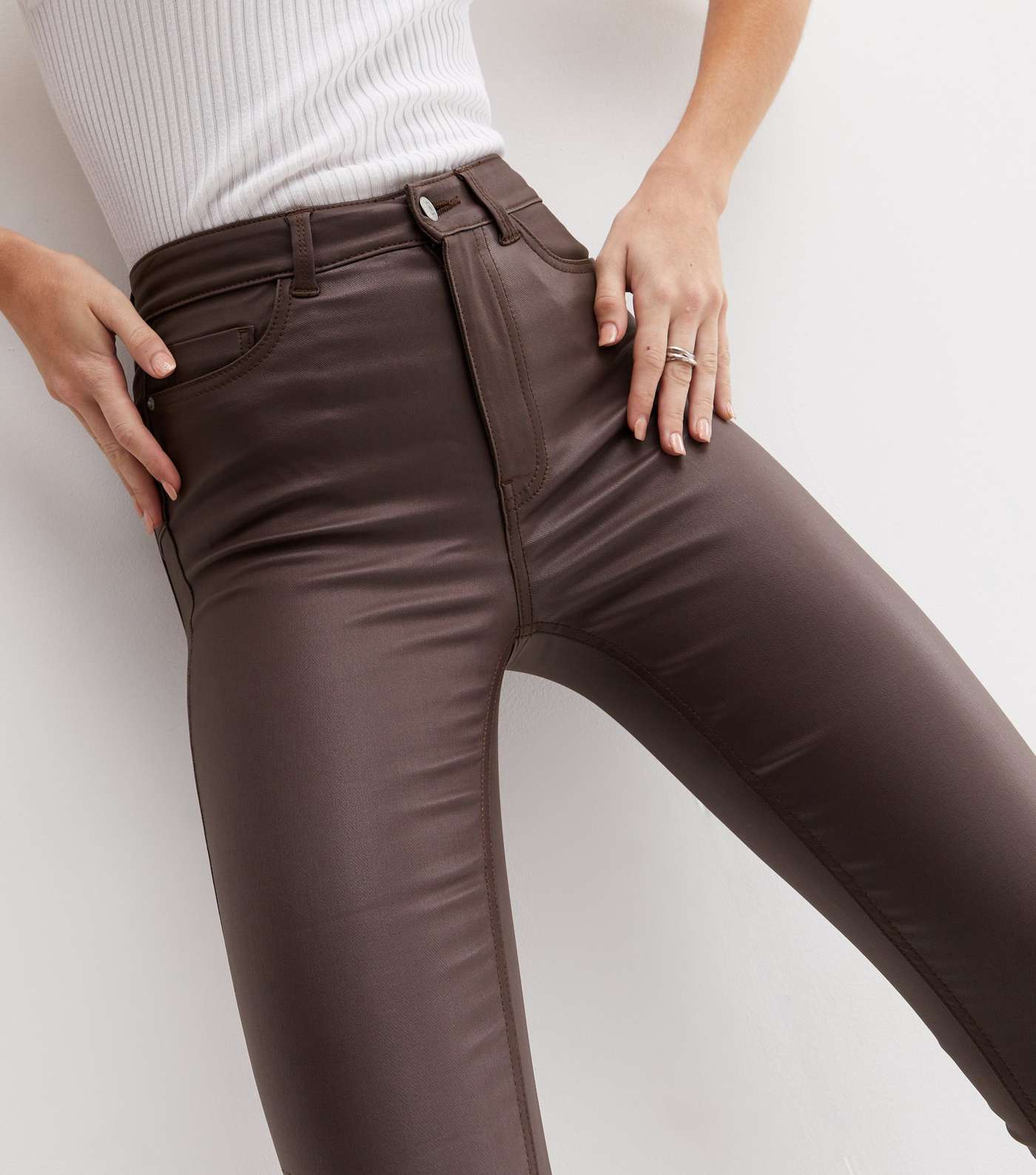 Dark Brown Coated Leather-Look Lift & Shape Jenna Skinny Jeans Image 3