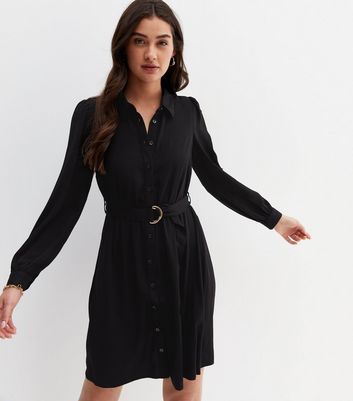 Black Belted Long Sleeve Mini Shirt Dress