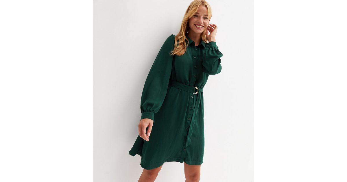 Dark Green Belted Long Sleeve Mini Shirt Dress | New Look