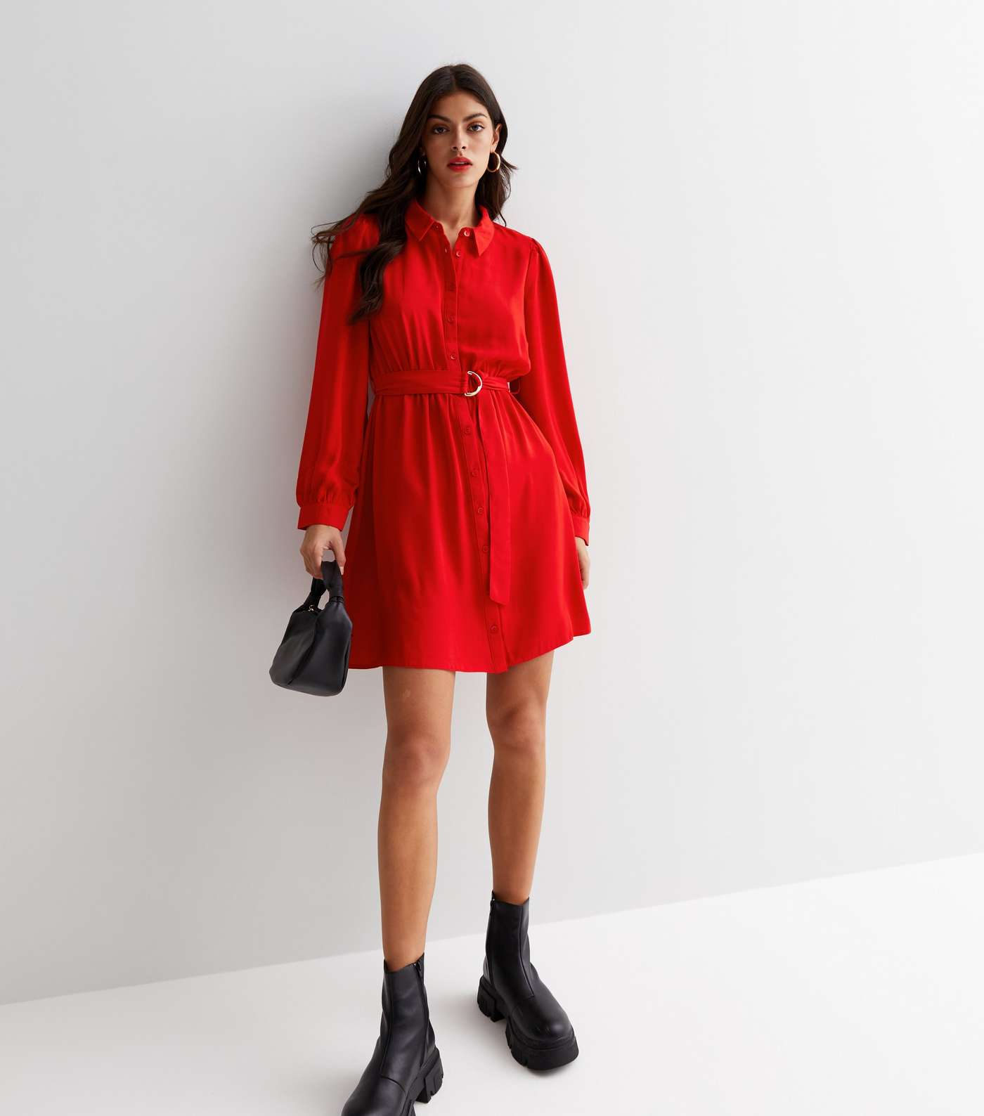 Red Belted Long Sleeve Mini Shirt Dress