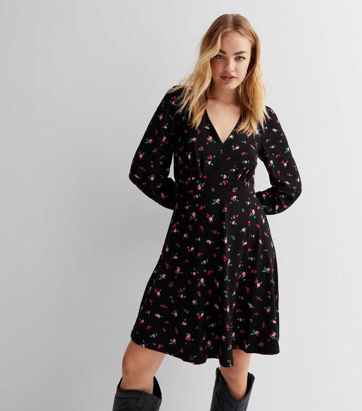 Black Floral V Neck Long Puff Sleeve Mini Dress | New Look