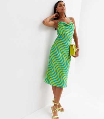 Green Swirl Print Cowl Neck Midi Slip Dress
