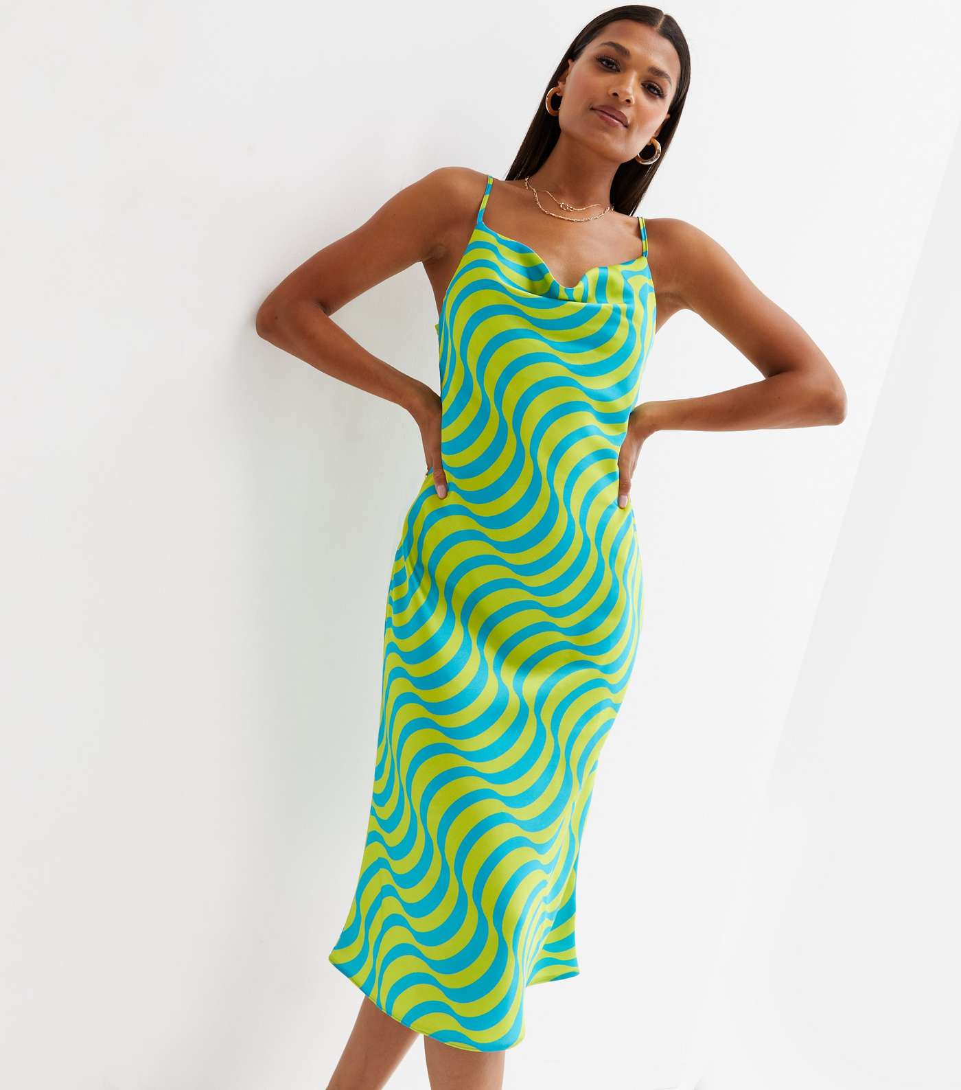 Green Swirl Print Cowl Neck Midi Slip Dress Image 2