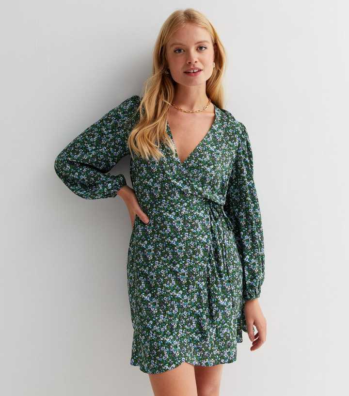 Green Ditsy Floral Scallop Hem Long Puff Sleeve Mini Wrap Dress