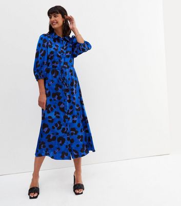 Blue Leopard Print Midi Drawstring Shirt Dress