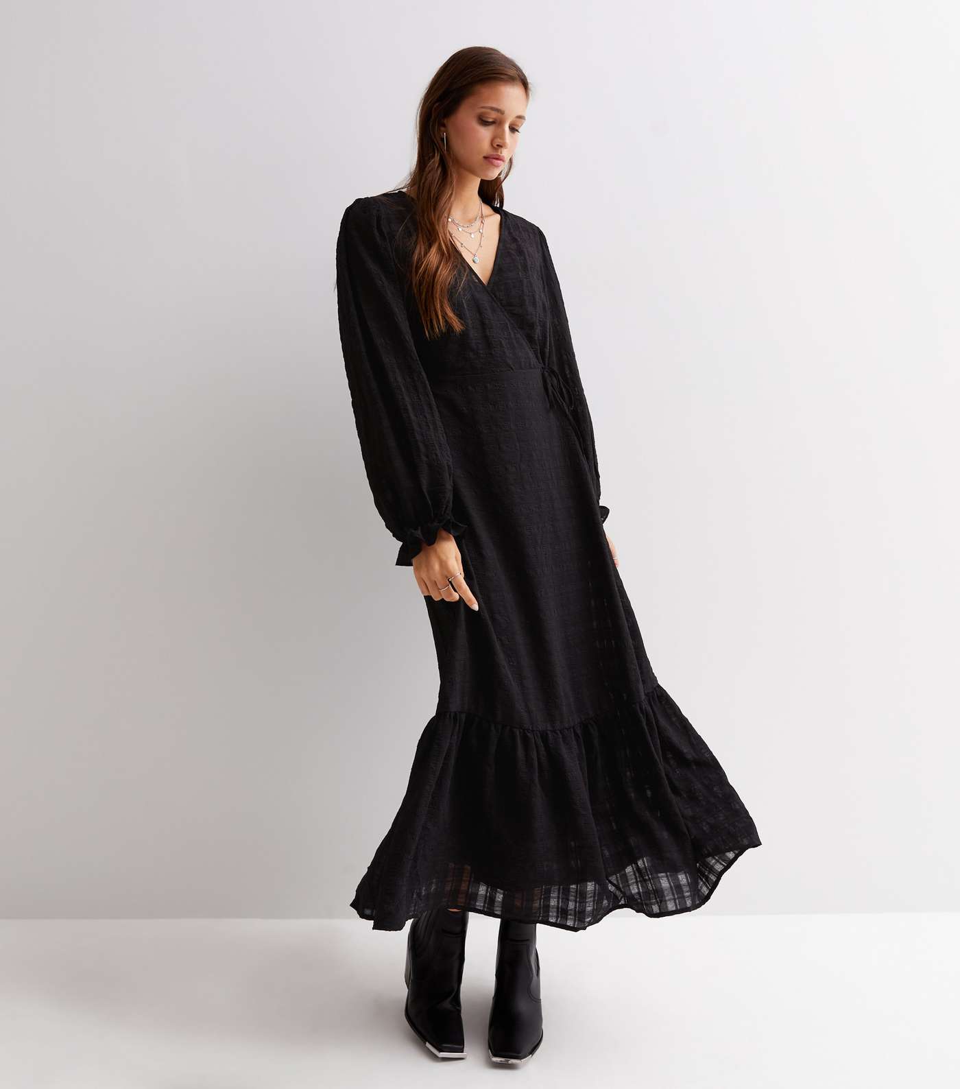 Black Check Seersucker Tiered Midi Wrap Dress Image 2