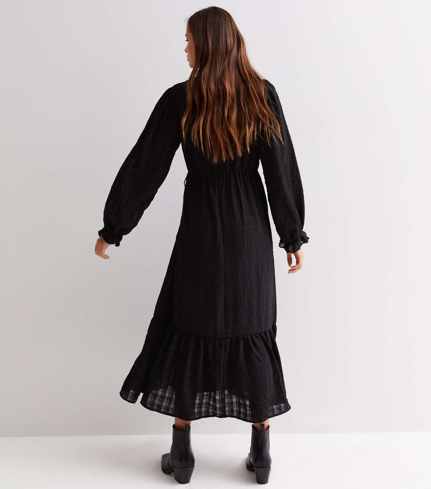 Black Check Seersucker Tiered Midi Wrap Dress Image 4