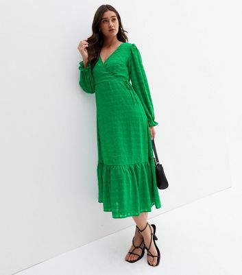 Plisse Dress Green Wrap Dress Midi New Look Puff Long Sleeve Midi Wrap Dress  In Dark