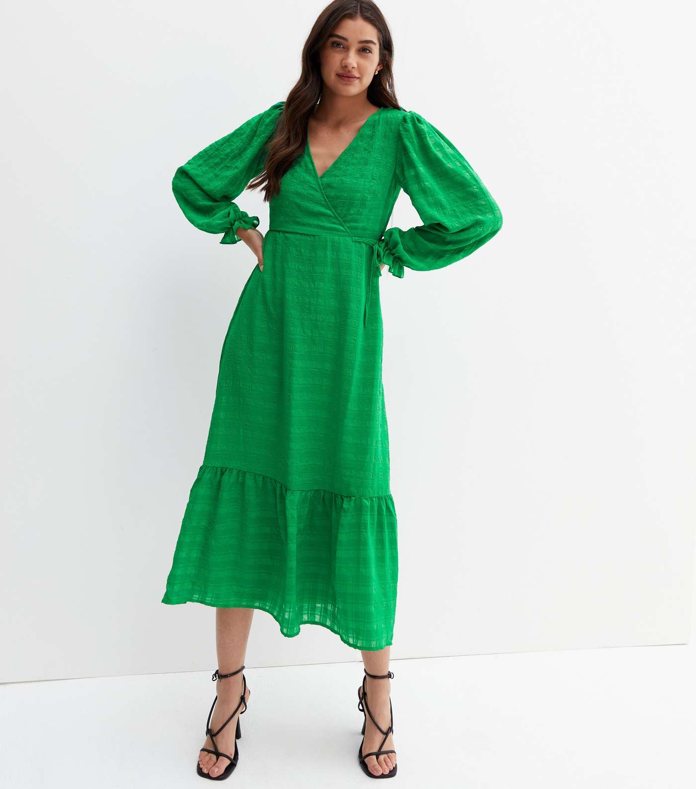 Green Check Seersucker Tiered Midi Wrap Dress Image 3