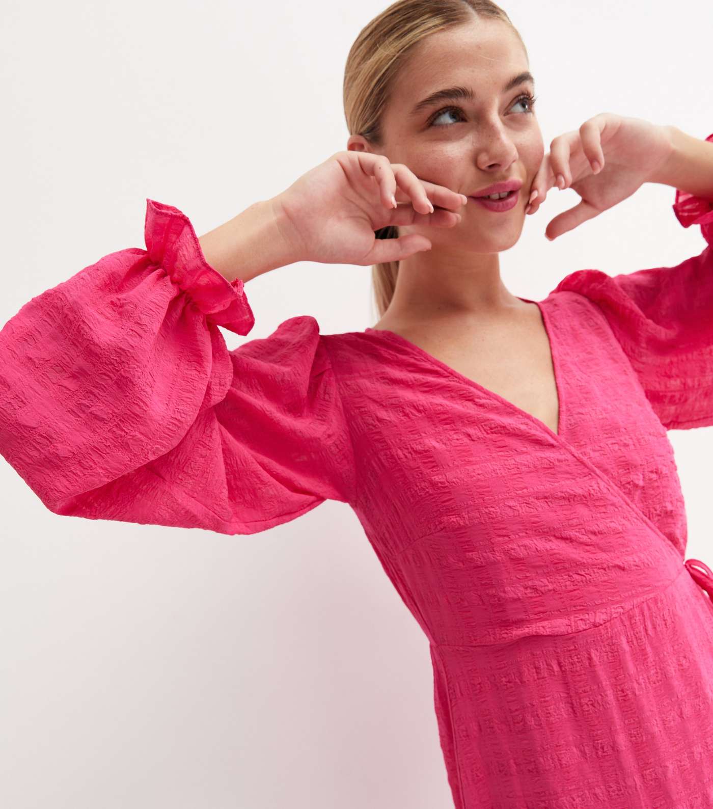 Bright Pink Check Seersucker Tiered Midi Wrap Dress Image 2