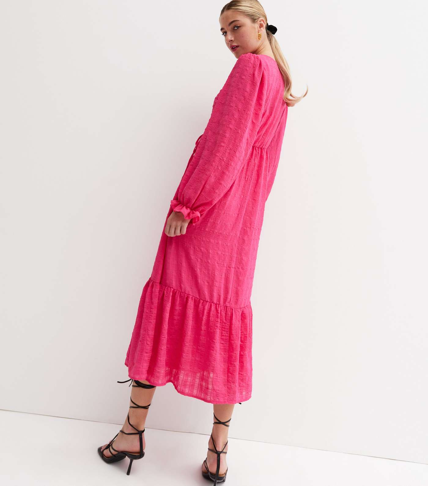 Bright Pink Check Seersucker Tiered Midi Wrap Dress Image 4