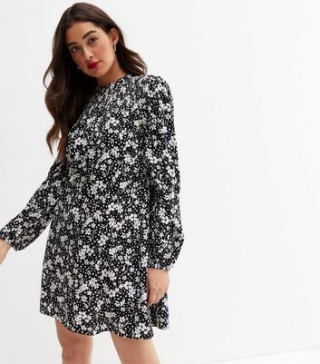 Black Floral Crepe Long Sleeve Shirred Mini Smock Dress | New Look