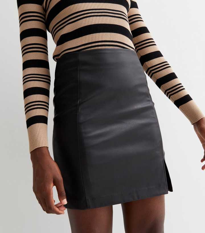 Black Quilted Jersey Side Split A Line Mini Skirt