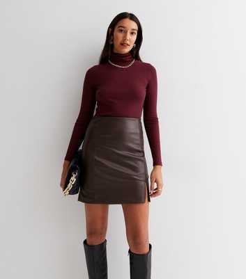Tall Dark Brown Leather-Look Split Hem Mini Skirt