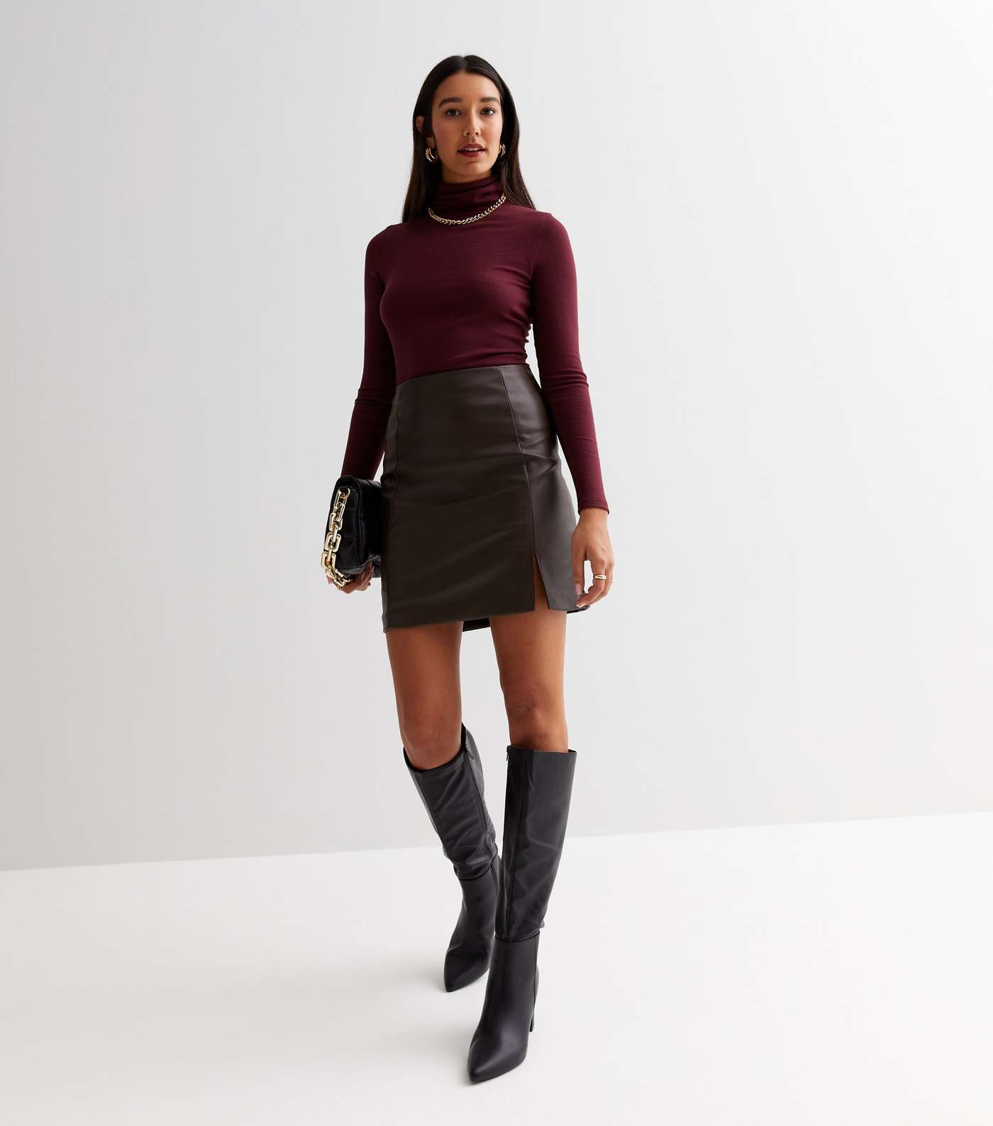 Tall Dark Brown Leather-Look Split Hem Mini Skirt Image 2