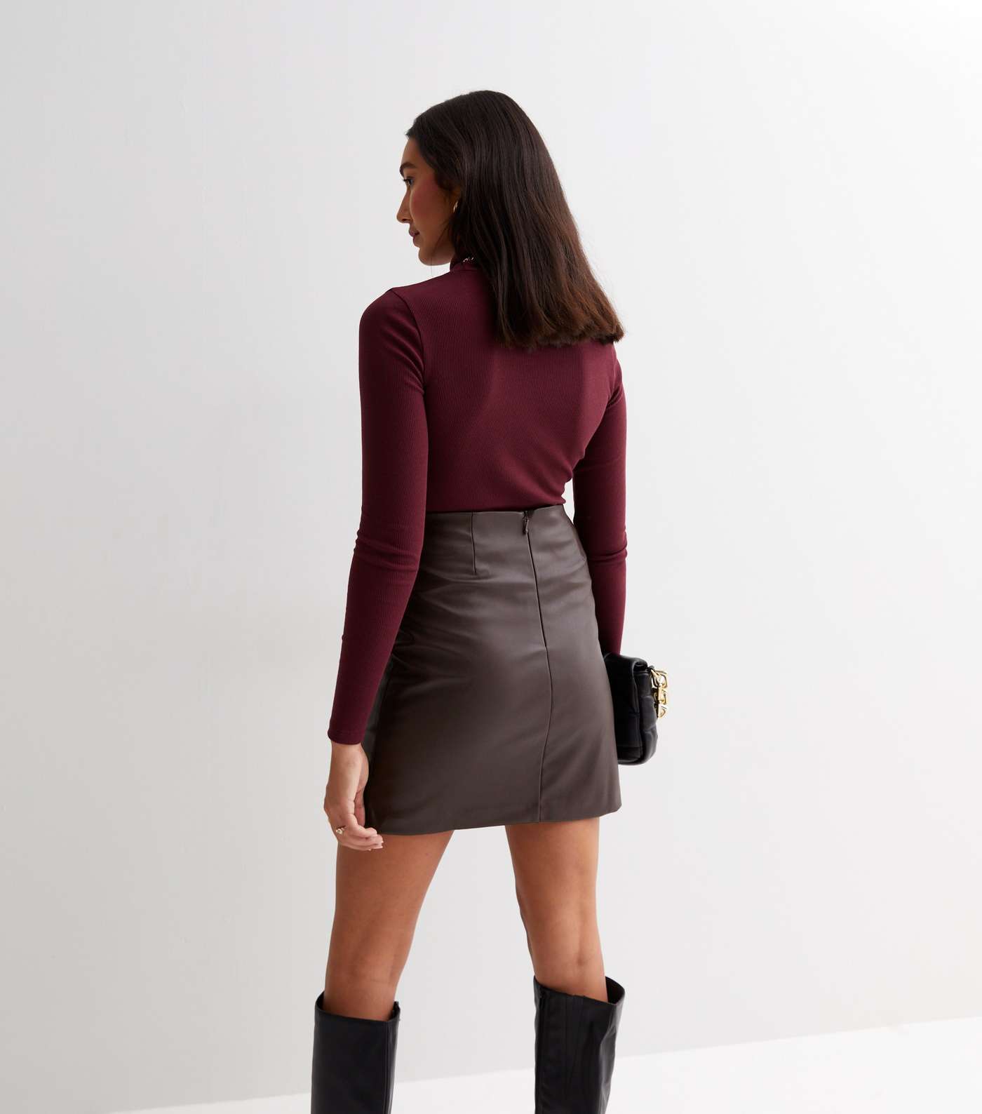 Tall Dark Brown Leather-Look Split Hem Mini Skirt Image 4
