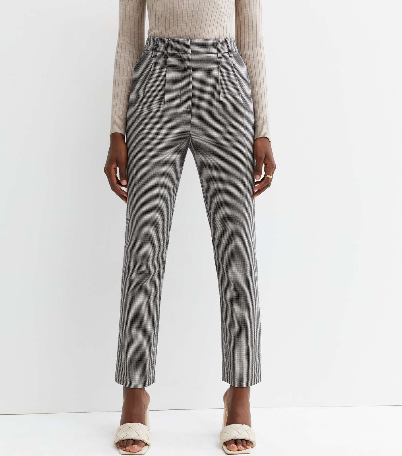 Tall Brown Check High Waist Tapered Trousers Image 2
