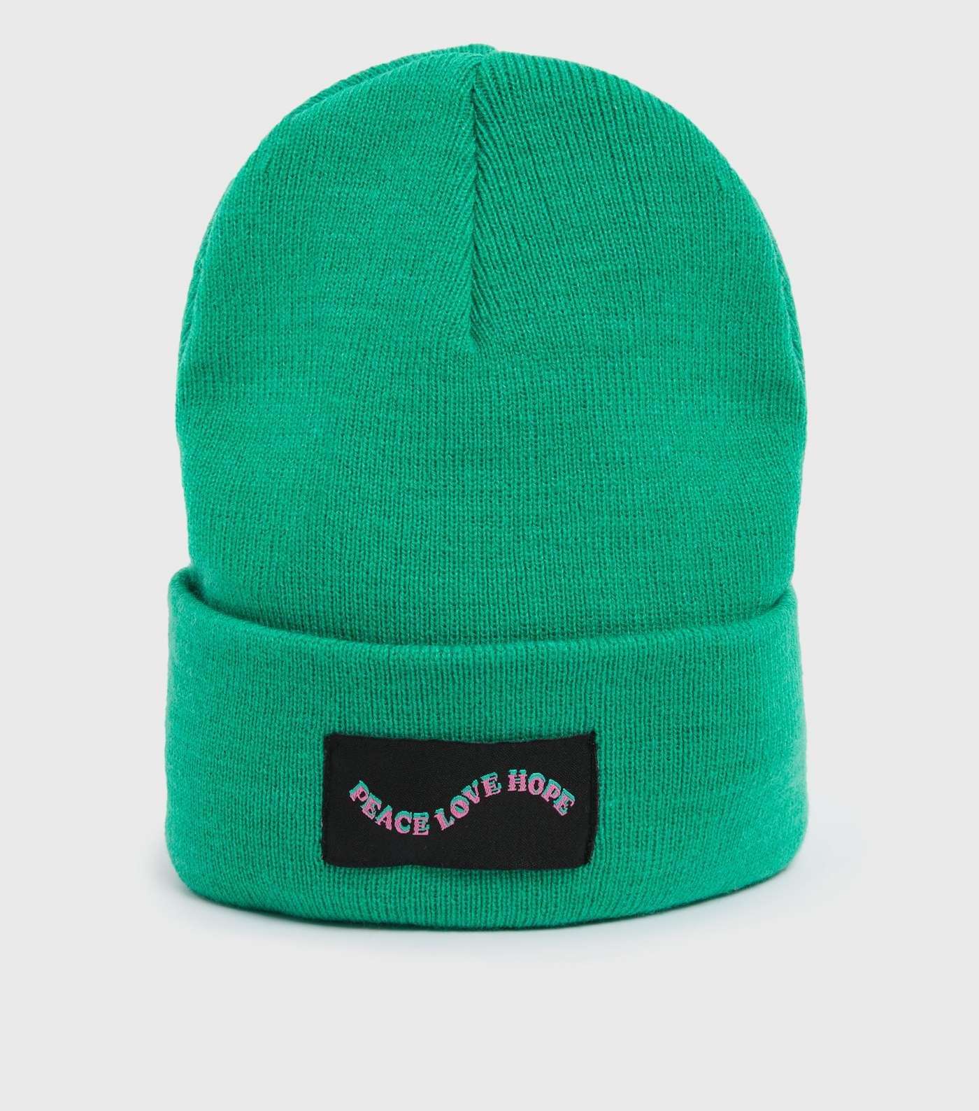 Green Knit Peace Love Hope Logo Tab Front Beanie Image 2