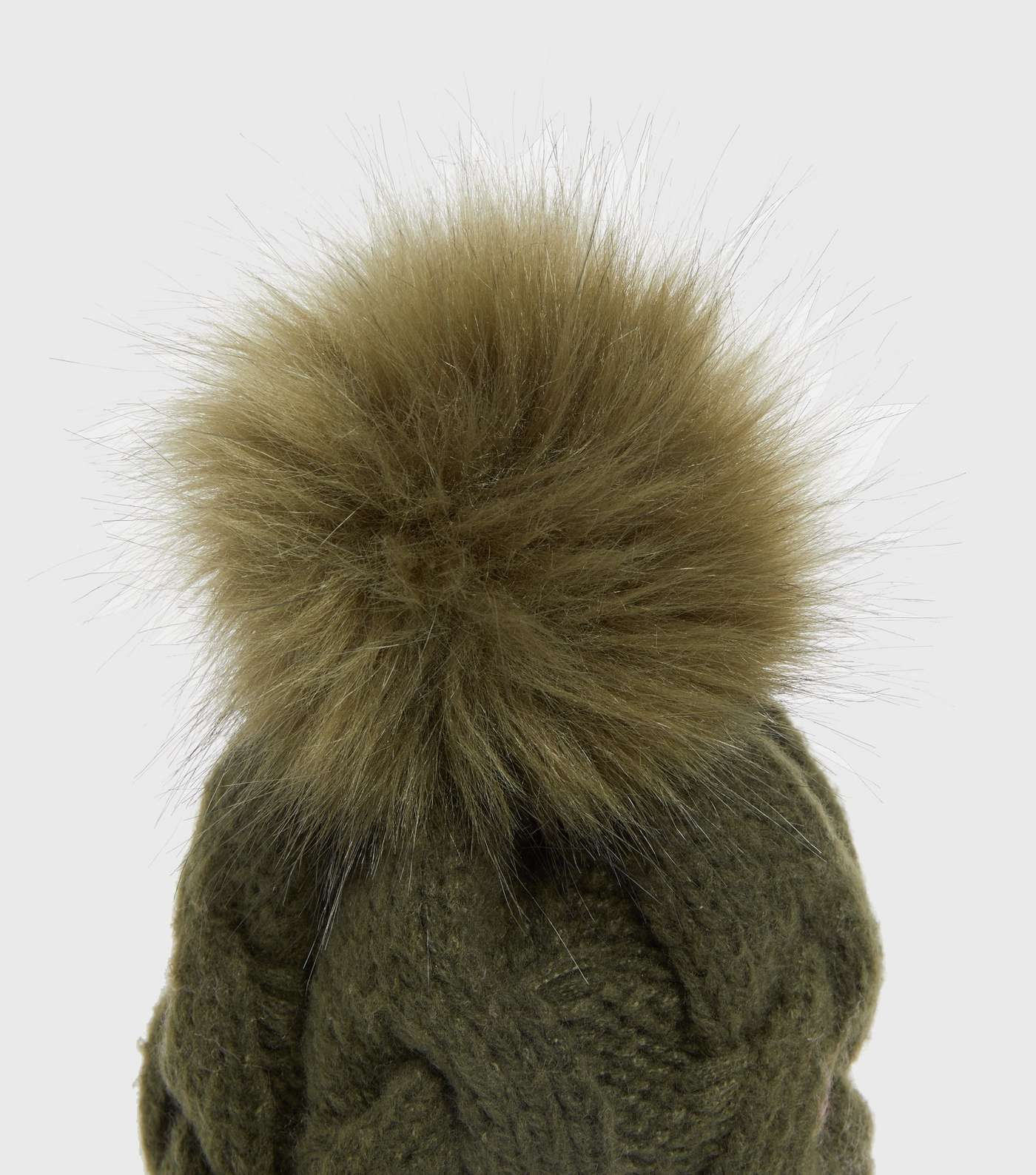 Khaki Cable Knit Faux Fur Pom Pom Bobble Hat Image 3