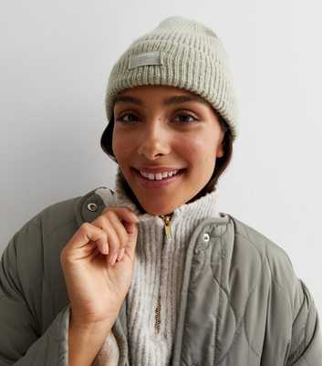 Light Green Ribbed Knit Tab Front Beanie