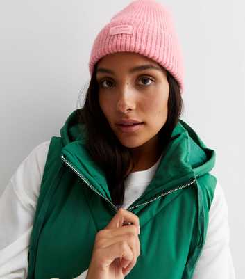 Pink Ribbed Knit Tab Front Beanie