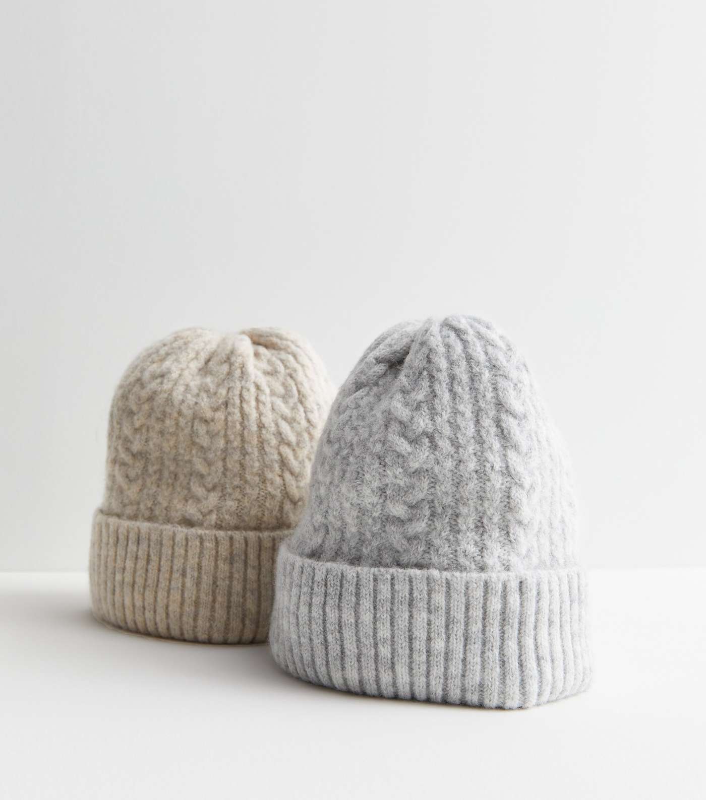 2 Pack Off White and Grey Cable Knit Beanies Image 2