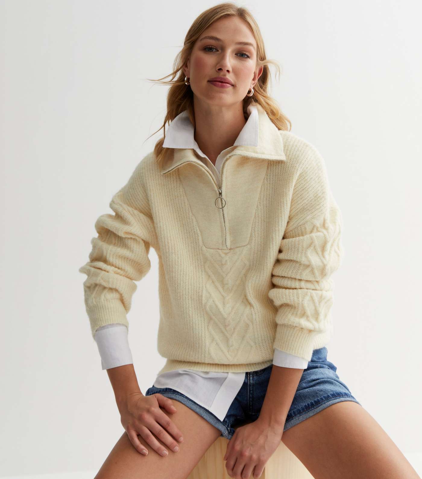 Urban Bliss Cream Cable Knit Zip Jumper