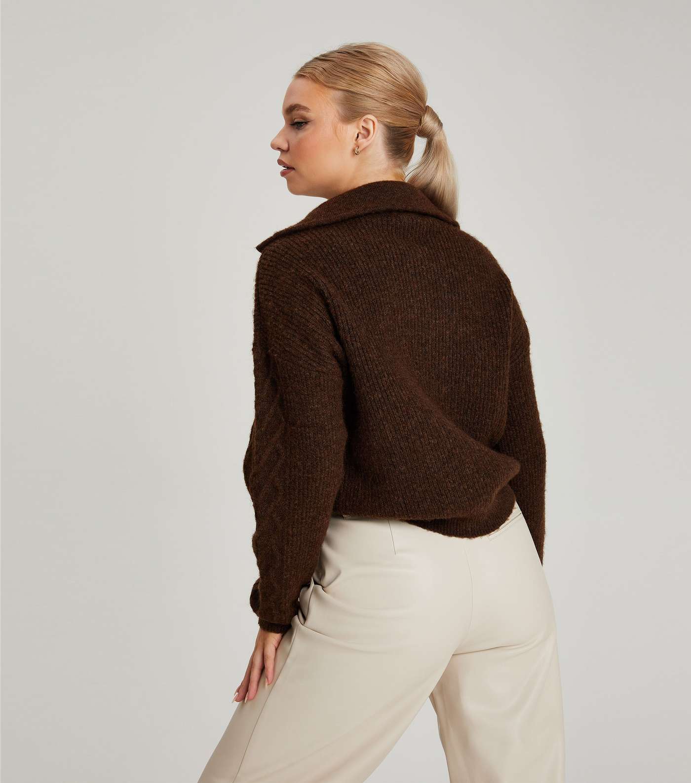 Urban Bliss Dark Brown Cable Knit Zip Jumper Image 4