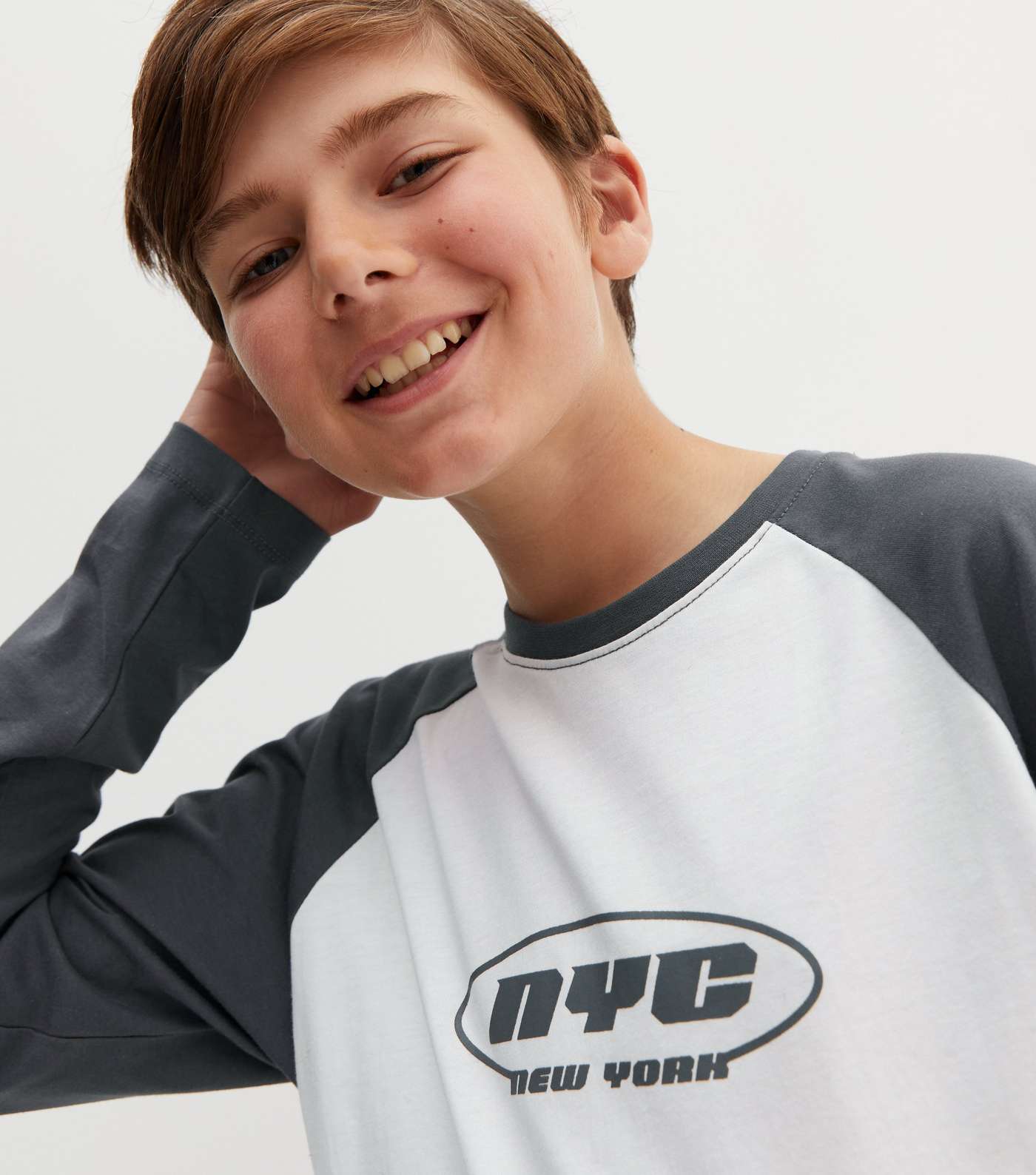 Boys Dark Grey NYC Logo Long Raglan Sleeve T-Shirt Image 3