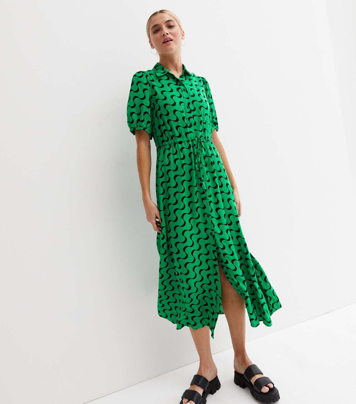 Green Wave Tie Waist Midi Shirt Dress Image 3