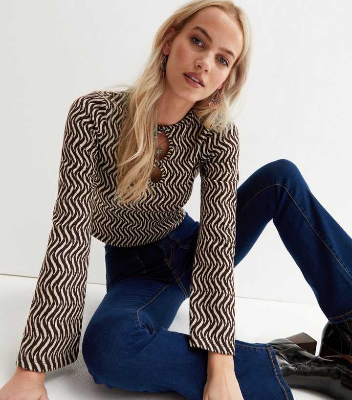 Brown Geometric Jacquard Fine Knit Cut Out Long Sleeve Crop Top