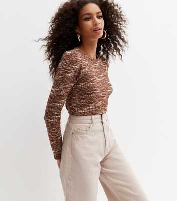 Brown Space Dye Ribbed Crew Neck Long Sleeve Top
