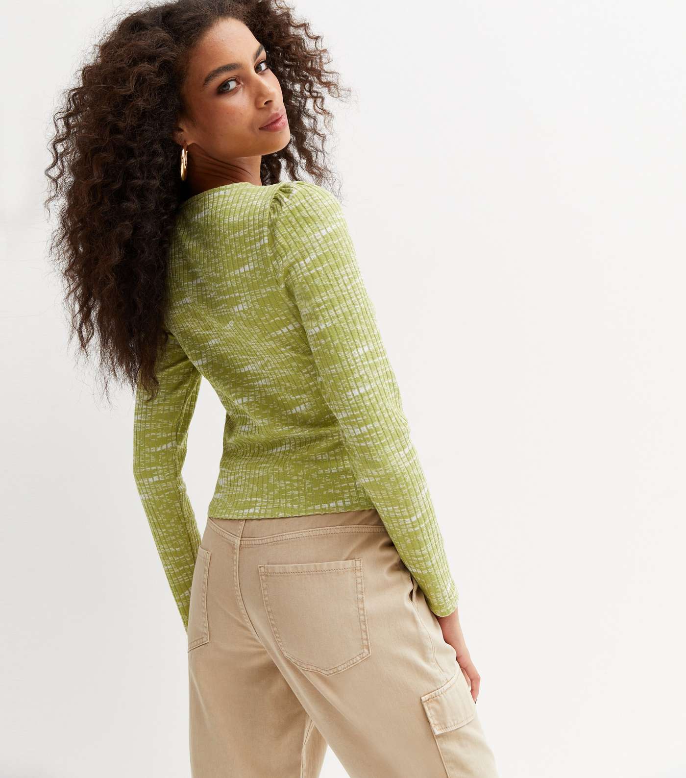Green Space Dye Ribbed Crew Neck Long Sleeve Top Image 4