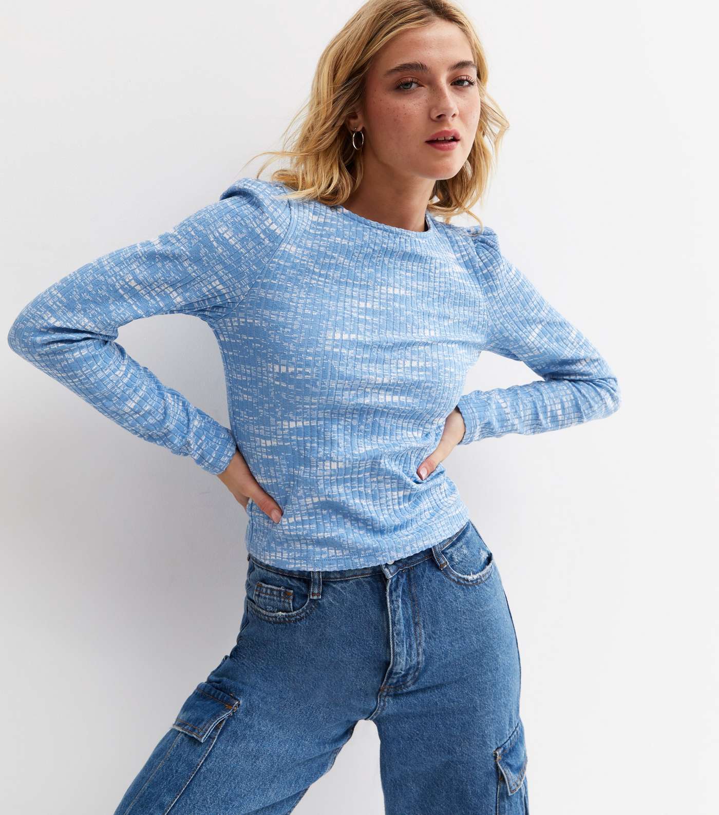 Blue Space Dye Ribbed Crew Neck Long Sleeve Top Image 3