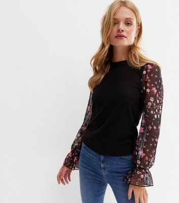 Black Floral Chiffon 2-in-1 Long Puff Sleeve Top