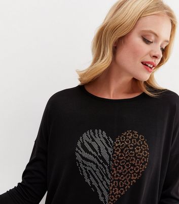 Black Diamanté Animal Print Heart Fine Knit Long Sleeve Top