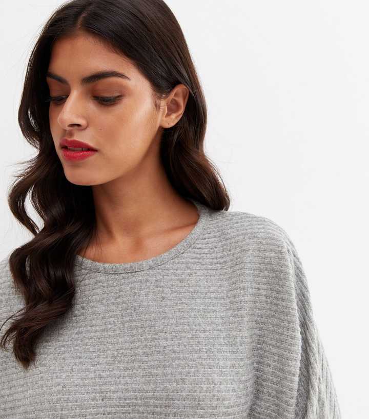 Pale Grey Ribbed Fine Knit Batwing Top