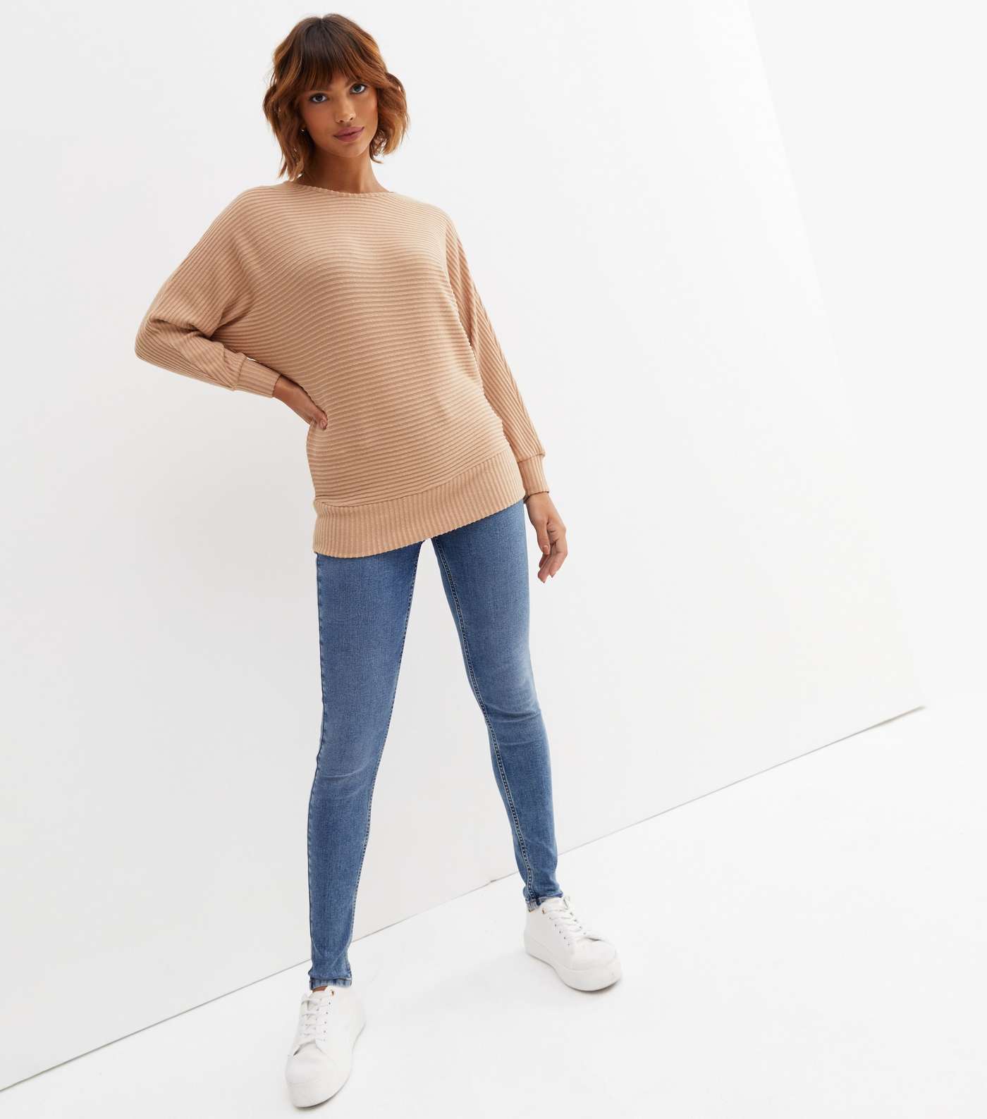 Camel Ribbed Fine Knit Batwing Top Image 2